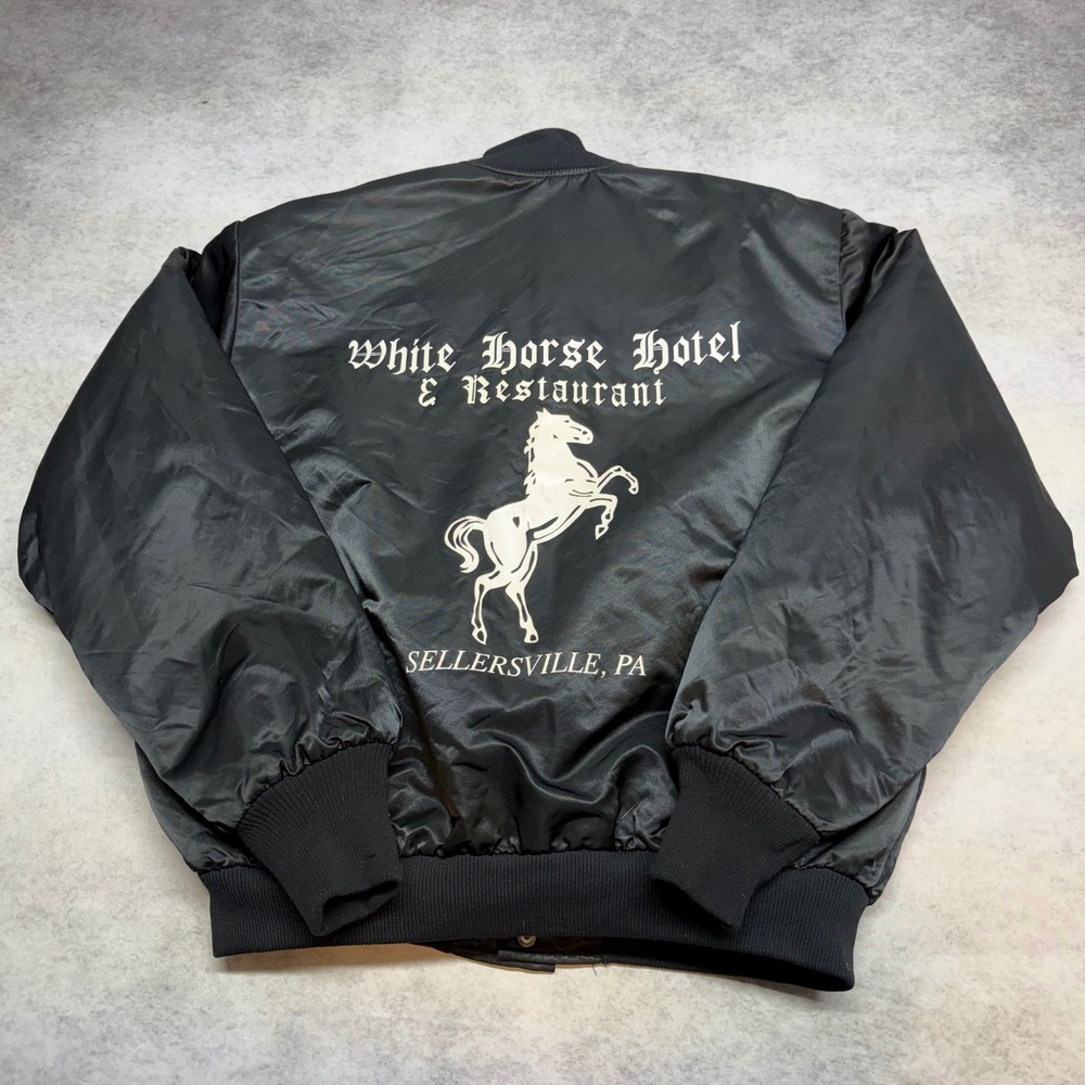 VTG Birdie Richard by Leslie Large Black White Horse Hotel Bowling Bomber Jacket - Picture 5 of 8